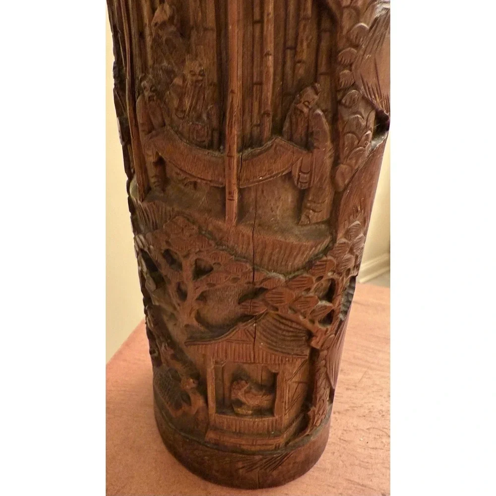 Antique Chinese carved‎ landscapes and figurines bamboo brush pot Vase